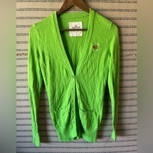 Y2K Hollister Bright Green Women's Button Up Cardigan with Pink Logo